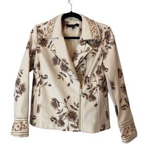 Colleen Lopez Faux Leather Floral Moto Jacket Beige & Brown Small